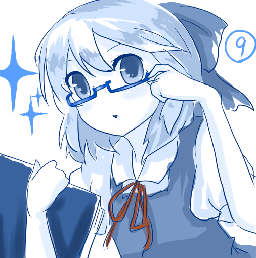 ayafuya, cirno, phantasmagoria of flower view, touhou, bad id, bad pixiv id, 1girl, adjusting eyewear, bespectacled, blue theme, book, bow, circled 9, female focus, glasses, hair bow, monochrome, sketch, solo, sparkle, spot color