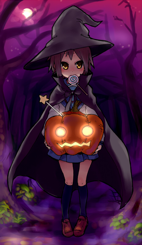 a-ka, nagato yuki, suzumiya haruhi no yuuutsu, 00s, 1girl, brown eyes, candy, cape, female focus, food, forest, full body, glowing, grey hair, halloween, hat, holding, jack-o'-lantern, kneehighs, loafers, lollipop, moon, mouth hold, nature, outdoors, pumpkin, school uniform, serafuku, shoes, short hair, sky, socks, solo, swirl lollipop, wand, witch, witch hat