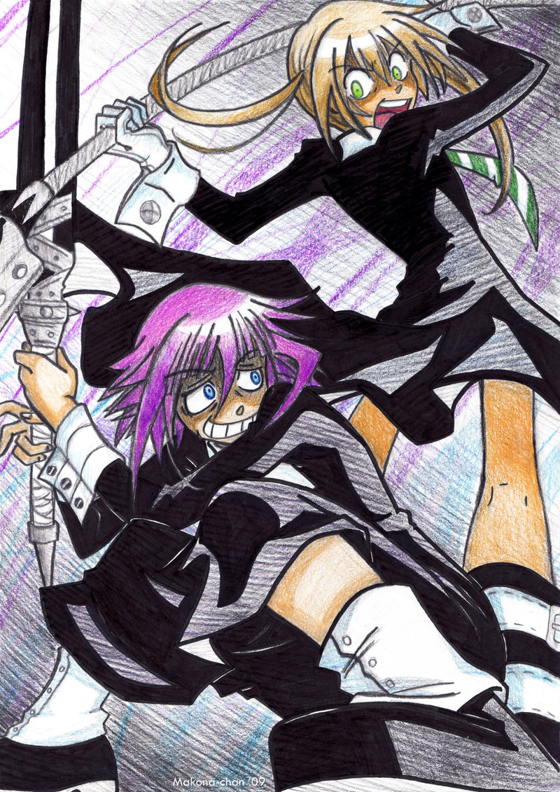 crona (soul eater), maka albarn, ragnarok (soul eater), soul evans, soul eater, gender request, 00s, androgynous, battle, black dress, blonde hair, blue eyes, coat, crazy eyes, crazy smile, cuff links, dress, gloves, green eyes, grin, hair between eyes, long hair, necktie, open mouth, pink hair, scythe, shoes, short hair, smile, sword, twintails, weapon