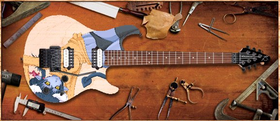 astaroth (shinrabanshou), shinrabanshou, blue skin, demon, demon girl, guitar, horns, instrument, strat (guitar)