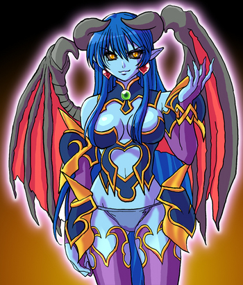 astaroth (shinrabanshou), shinrabanshou, lowres, armor, blue skin, colored skin, demon girl, horns, panties, pointy ears, underwear, wings