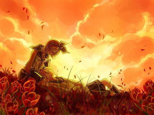 komiki2gou, kagamine len, kagamine rin, vocaloid, lowres, 1boy, 1girl, brother and sister, flower, siblings, sunset, tulip, twins