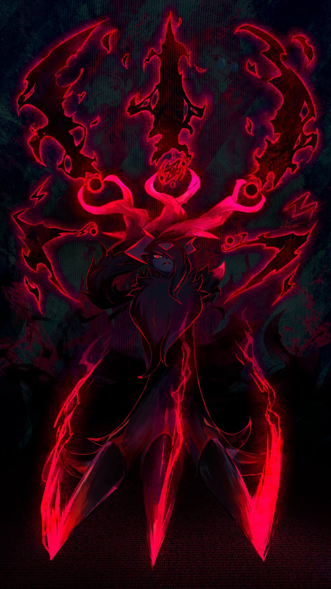 jcstr, absol, mega absol z, nintendo, pokemon, highres, animal focus, asymmetrical horns, black fur, black hair, body fur, claws, gen 3 pokemon, hair over one eye, horns, looking at viewer, mega pokemon, no humans, one eye covered, pokemon (creature), pokemon focus, red eyes, red wings, solo, uneven horns, wings