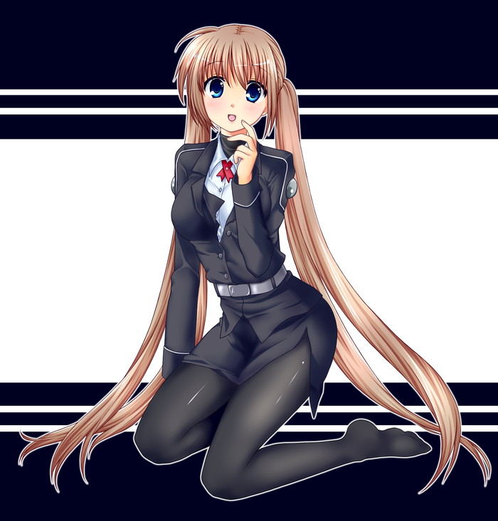 467 (artist), corona timir, takamachi nanoha, lyrical nanoha, mahou shoujo lyrical nanoha, mahou shoujo lyrical nanoha strikers, mahou shoujo lyrical nanoha vivid, bad id, bad pixiv id, 00s, 10s, 1girl, aged up, belt, black pantyhose, blue eyes, blush, brown hair, female focus, kneeling, legs, long hair, open mouth, pantyhose, pencil skirt, skirt, solo, twintails, very long hair