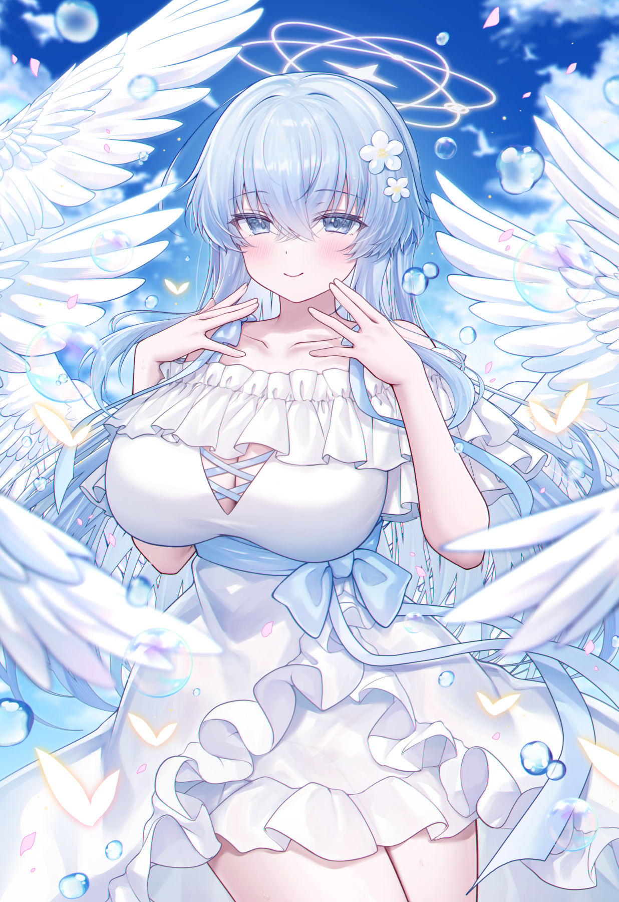 gyozanuko, original, commentary, commentary request, highres, revision, symbol-only commentary, 1girl, angel, angel wings, bare shoulders, blue eyes, blue hair, blue ribbon, blue sky, blurry, blush, breasts, bubble, bug, butterfly, cleavage, cleavage cutout, closed mouth, clothing cutout, cloud, collarbone, criss-cross straps, crossed bangs, day, depth of field, dress, falling petals, feathered wings, flower, frilled dress, frills, glowing butterfly, hair between eyes, hair flower, hair ornament, halo, hands up, insect, large breasts, long hair, multiple wings, off-shoulder dress, off shoulder, outdoors, petals, pink petals, ribbon, sky, smile, solo, thighs, very long hair, water drop, white dress, white halo, white wings, wings