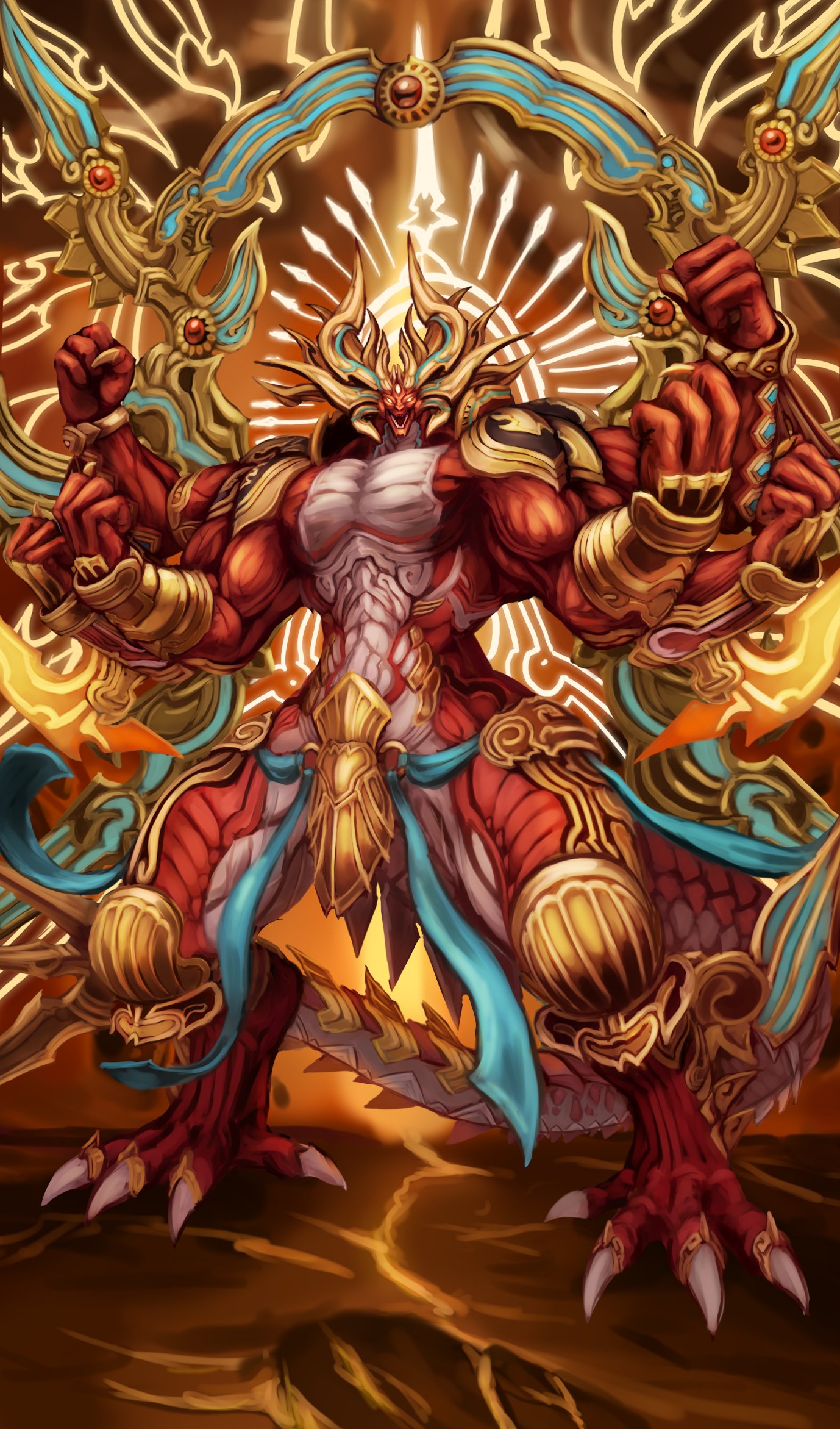 niziko, future card buddyfight, highres, tagme, clenched hands, dragon, duel sieger "tempest enforcer", extra arms, full body, gauntlets, legs apart, muscular, red eyes, standing