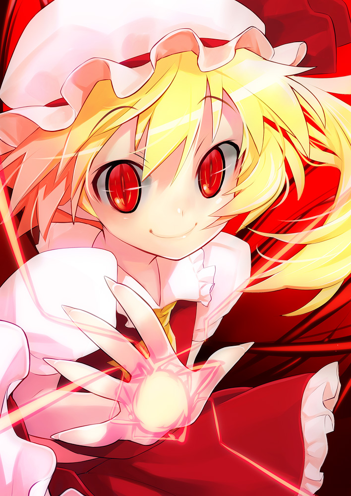 kiritomo koroha, flandre scarlet, embodiment of scarlet devil, touhou, bad id, bad pixiv id, 1girl, blonde hair, female focus, fingernails, foreshortening, hat, long fingernails, looking at viewer, magic, outstretched hand, ponytail, red eyes, side ponytail, slit pupils, smile, solo