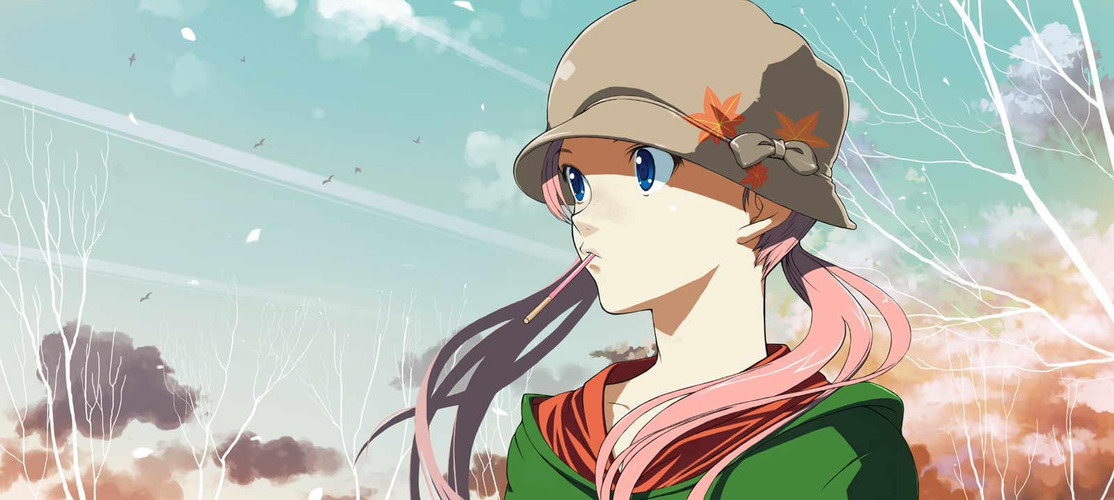 hirokiku, original, bad id, bad pixiv id, highres, 1girl, autumn, blue eyes, cloud, day, female focus, food, freckles, hat, mouth hold, pink hair, pocky, sky, solo, tree, twintails