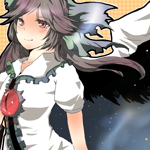 mb999, reiuji utsuho, touhou, bad id, bad pixiv id, 1girl, blush, bow, brown hair, female focus, long hair, red eyes, smile, solo, space, wings