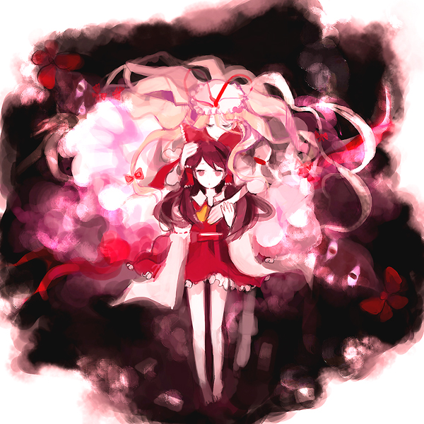 delida, hakurei reimu, yakumo yukari, touhou, artist request, 2girls, barefoot, blonde hair, brown hair, dark, dress, empty eyes, female focus, frills, gap (touhou), hair ribbon, hat, hug, legs, long hair, multiple girls, ribbon, wide sleeves