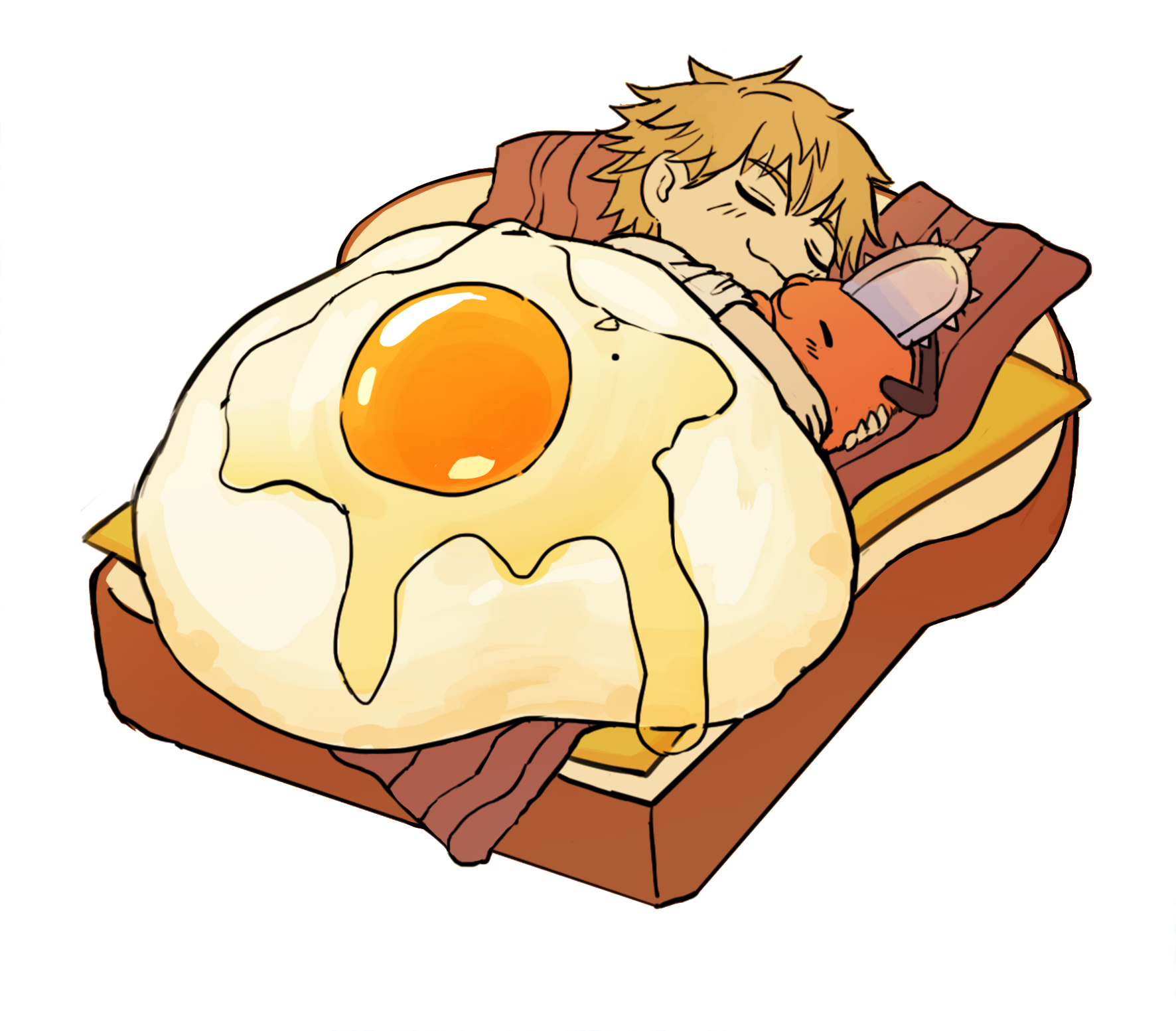 denji (chainsaw man), pochita (chainsaw man), chainsaw man, highres, 1boy, :3, bacon, blonde hair, bread, bread slice, chainsaw, cheese, closed eyes, creature, cuddling, egg (food), food, fried egg, handle, in food, male focus, norazomamison, on food, oversized food, oversized object, sleeping, sliced cheese, smile, white background