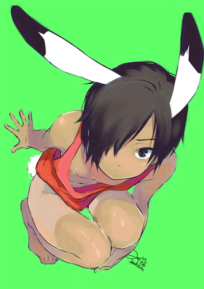 zekkyou (h9s9), ikezawa kazuma, king kazma, summer wars, bad id, bad pixiv id, 00s, 1boy, androgynous, animal ears, bottomless, hair over one eye, male focus, nipples, rabbit ears, rabbit tail, shorts tan, shota, solo, tail, tan, tanline, trap