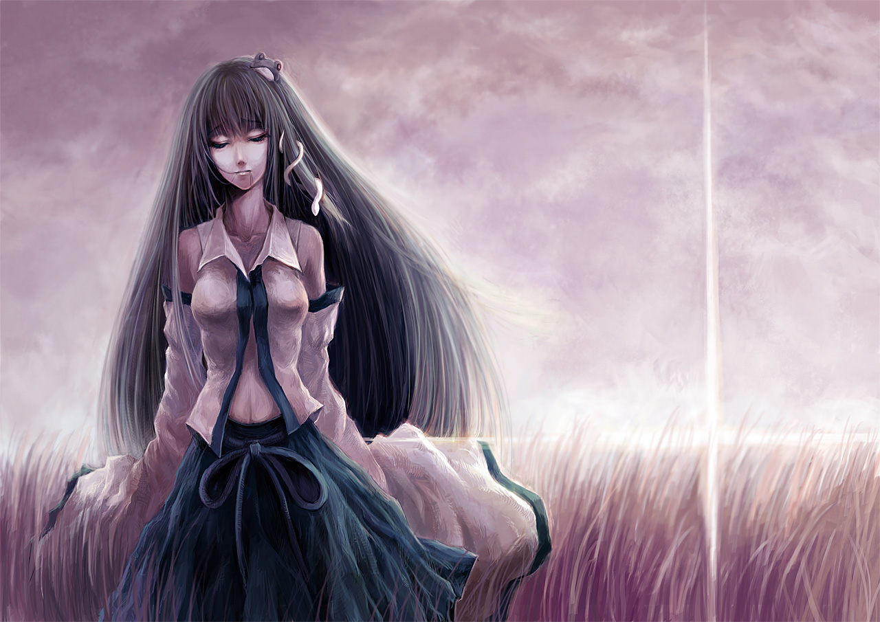 crowdesu, kochiya sanae, touhou, bad id, bad pixiv id, 1girl, closed eyes, detached sleeves, female focus, field, green hair, nature, outdoors, sky, solo