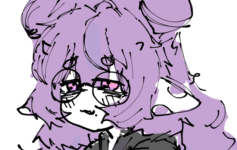 muu muyu, phase connect, 1girl, animal ears, chickenrex, cow ears, double bun, fang, hair bun, horns, mole, monochrome, pink eyes, purple hair, skin fang, solo, virtual youtuber, white background