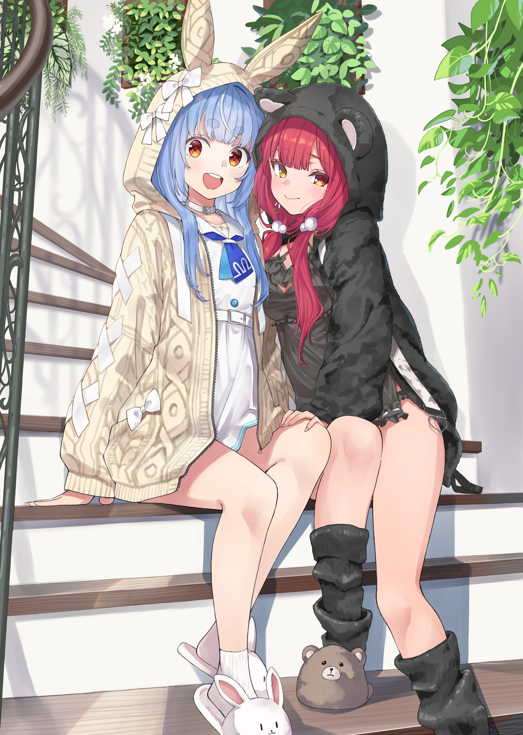 anno masato, houshou marine, houshou marine (roomwear), usada pekora, usada pekora (casual), hololive, highres, 2girls, alternate hairstyle, animal ears, animal hood, animal slippers, bear hood, bear slippers, black hoodie, black leg warmers, brown slippers, choker, dress, heterochromia, hood, hoodie, leg warmers, long hair, looking at viewer, low twintails, multiple girls, official alternate costume, open mouth, orange eyes, rabbit ears, rabbit girl, rabbit hood, rabbit slippers, red eyes, red hair, slippers, smile, socks, teeth, twintails, upper teeth only, virtual youtuber, white choker, white dress, white slippers, white socks, yellow eyes