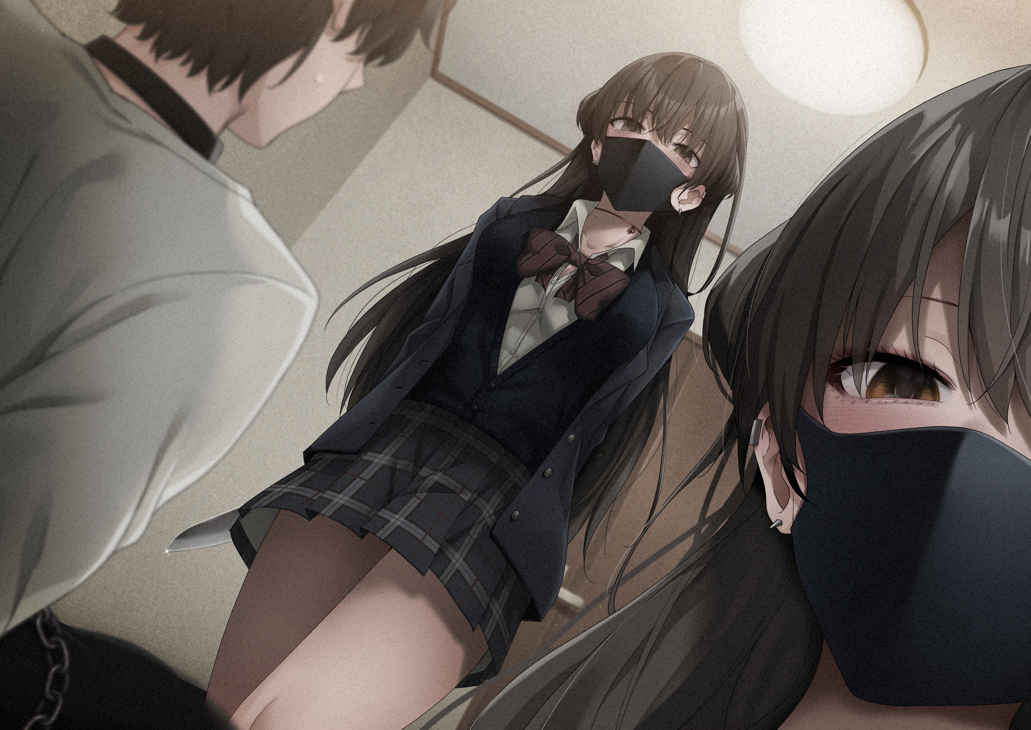 ryouma (galley), konata (kankin jk), mishiranu joshikousei ni kankin sareta mangaka no hanashi, absurdres, highres, 1boy, 1girl, black hair, black jacket, black skirt, blush, brown eyes, collared shirt, covered mouth, ear piercing, indoors, jacket, long hair, looking at another, mask, mouth mask, open clothes, open jacket, piercing, plaid clothes, plaid skirt, school uniform, shirt, skirt, standing, thighs, white shirt