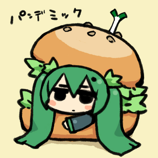 chan co, hatsune miku, vocaloid, 1girl, burger, chibi, completely unamused, female focus, food, in food, pun, solo, spring onion, unamused