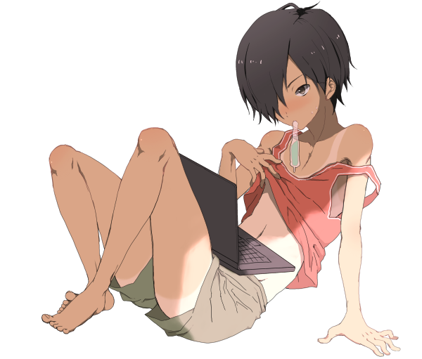 hatss, slash (syrh3ee), ikezawa kazuma, summer wars, bad id, bad pixiv id, 00s, 1boy, androgynous, barefoot, clothes lift, computer, computer keyboard, food, full body, hair over one eye, laptop, male focus, popsicle, reclining, shirt lift, shirt tan, shorts tan, simple background, solo, strap slip, tan, tanline, tupet, white background