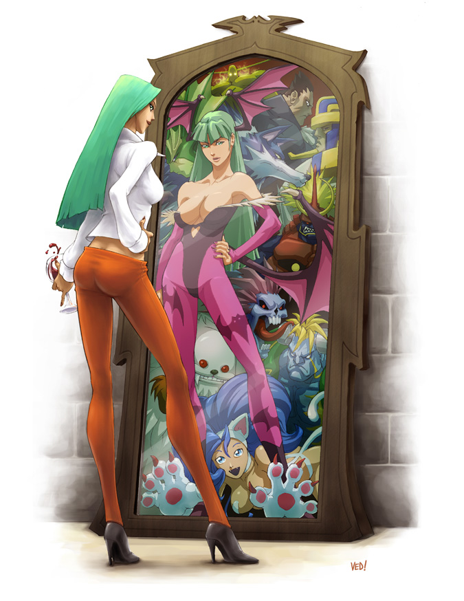 eric vedder, anakaris, bishamon (darkstalkers), demitri maximoff, felicia (darkstalkers), jon talbain, lord raptor, morrigan aensland, pyron, rikuo (darkstalkers), sasquatch (darkstalkers), victor von gerdenheim, capcom, darkstalkers, fur, print legwear, 3girls, 4boys, alcohol, alien, animal ears, animal hands, animal print, armor, ass, aura, bat print, blonde hair, blue eyes, blue hair, blue skin, brazil, breasts, brown hair, cat ears, cat tail, cleavage, colored skin, cup, demon girl, different reflection, drinking glass, dual persona, elemental (creature), energy, energy being, fangs, fire, fire elemental, green hair, hand on own hip, head wings, helmet, high heels, hip focus, japanese armor, kabuto (helmet), large breasts, leotard, mirror, multiple boys, multiple girls, mummy, pantyhose, pink hair, pinky out, plasma, pyron fire, red eyes, reflection, samurai, shoes, tail, tongue, vampire, werewolf, white eyes, wine, wine glass, wings, wolf ears