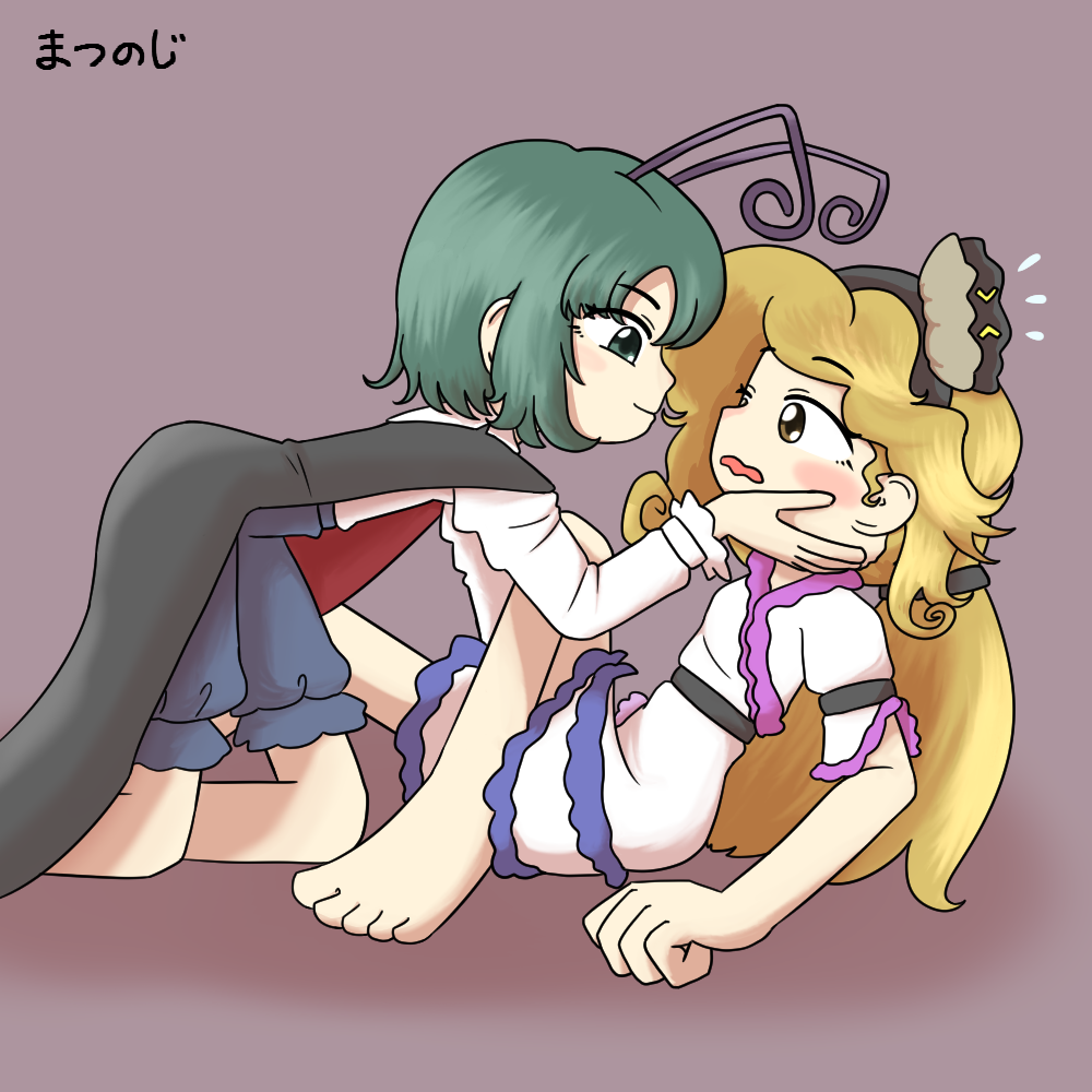 matsunoji (aozora suishinbu), watari nina, wriggle nightbug, touhou, 2girls, antennae, assertive female, barefoot, black cape, blonde hair, blue shorts, blush, cape, clam shell, clam shell ornament, dress, face hold, flustered, green eyes, green hair, long hair, looking at another, multiple girls, naughty face, shirt, short hair, shorts, simple background, smile, staring, white dress, white shirt, yellow eyes, yuri