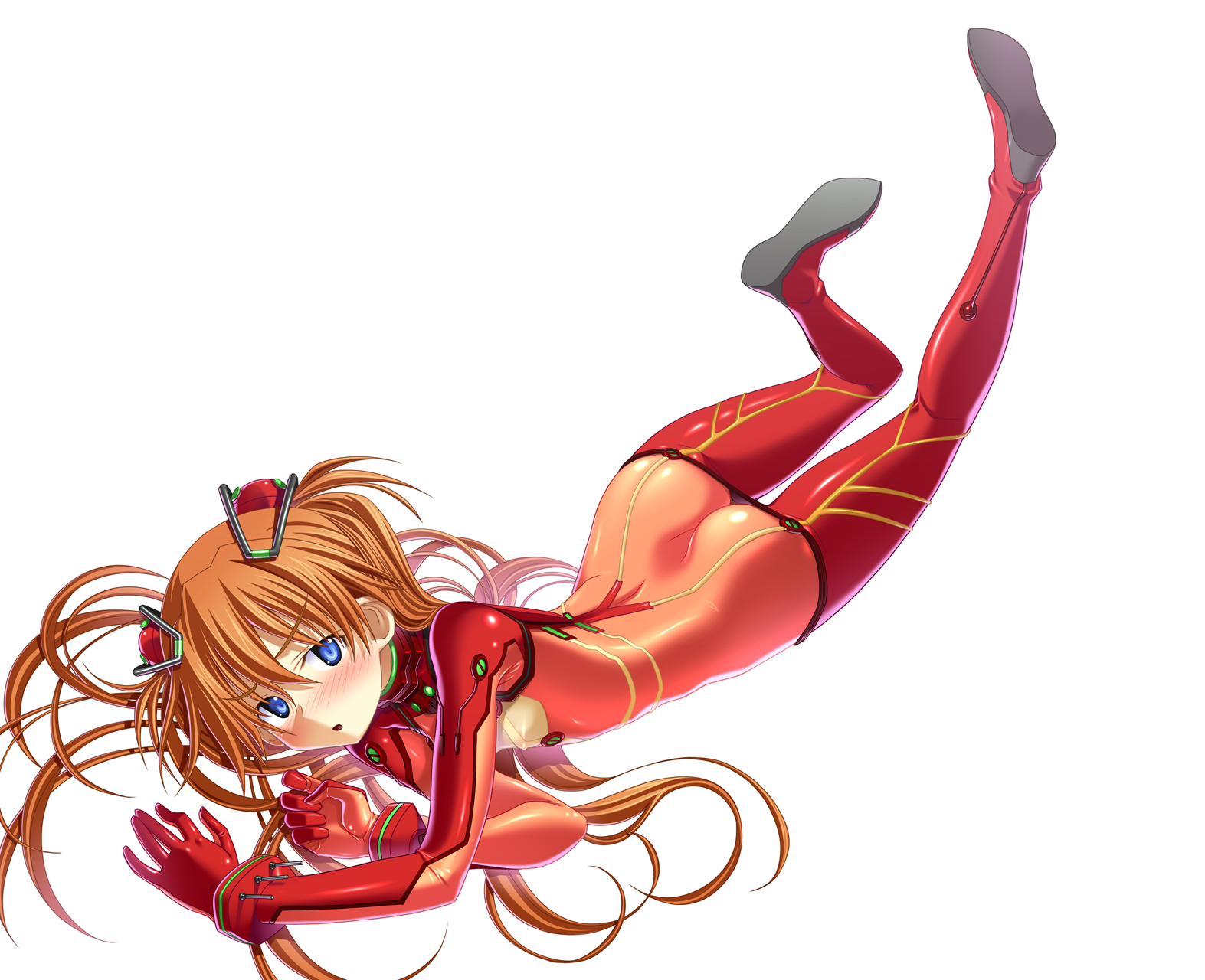 sakuya tsuitachi, souryuu asuka langley, neon genesis evangelion, rebuild of evangelion, highres, 00s, 1girl, ass, blue eyes, blush, bodysuit, butt crack, downpants, female focus, flat chest, legs, legs up, long hair, lying, mecha pilot suit, on stomach, open mouth, orange hair, plugsuit (evangelion), red bodysuit, see-through bodysuit, see-through clothes, shiny clothes, simple background, skin tight, solo, test plugsuit (evangelion), twintails, very long hair, wide hips