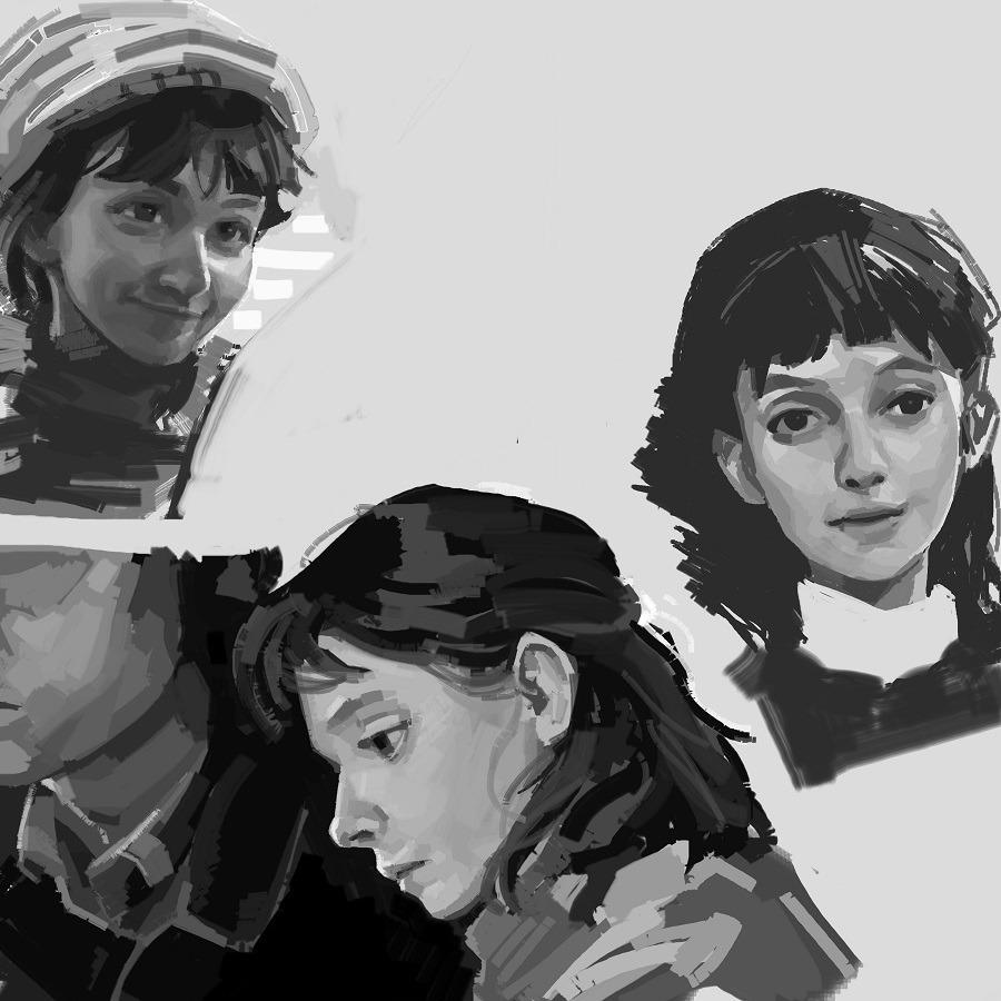 feason, original, art study, oil painting (medium), painting (medium), photo-referenced, traditional media, 1girl, closed mouth, from side, greyscale, hat, long hair, monochrome, simple background, sketch, smile