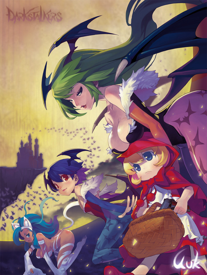 kuk, kuks, b.b. hood, felicia (darkstalkers), lilith (darkstalkers), morrigan aensland, capcom, darkstalkers, fur, print legwear, 4girls, animal ears, animal hands, animal print, basket, bat (animal), bat print, blonde hair, blue eyes, blue hair, breast rest, breasts, breasts on head, castle, cat ears, cat tail, cleavage, demon girl, dress, green eyes, green hair, gun, head wings, leotard, medium breasts, multiple girls, pantyhose, red dress, red eyes, red leotard, tail, weapon, wings