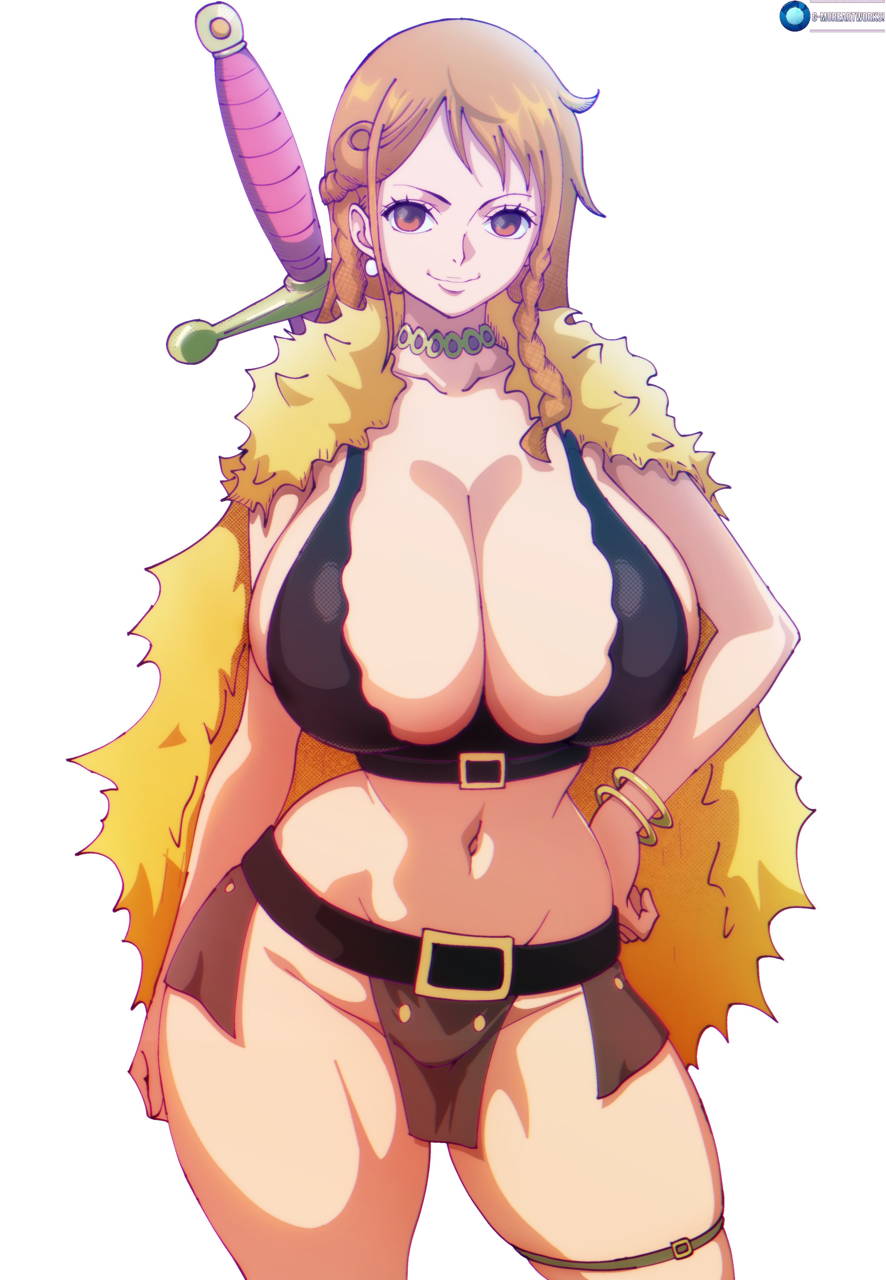 nami (one piece), one piece, absurdres, commentary, english commentary, highres, 1girl, alternate breast size (larger), artist name, belt, belt buckle, braid, braided sidelock, breasts, brown eyes, brown loincloth, buckle, cape, choker, cleavage, closed mouth, collarbone, cowboy shot, crop top, earrings, fur cape, hand on own hip, huge breasts, jewelry, long hair, lsgmore, midriff, navel, official alternate costume, official alternate hairstyle, orange hair, pearl earrings, revealing clothes, simple background, single sidelock, smile, solo, straight-on, sword, sword on back, thigh strap, thighs, weapon, weapon on back, white background, yellow cape
