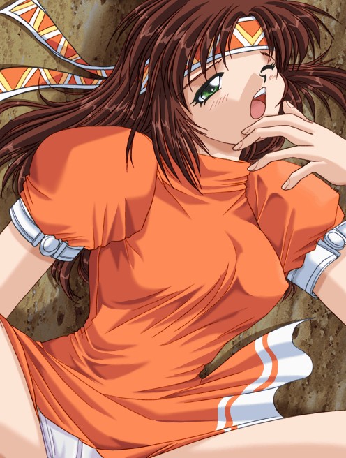 tagme, 1girl, brown hair, female focus, green eyes, solo, wince