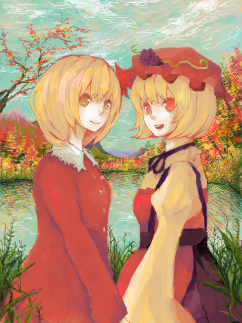 shiontaso, aki minoriko, aki shizuha, touhou, bad id, bad pixiv id, 2girls, autumn, blonde hair, bow, branch, day, dress, female focus, food, fruit, grapes, hair bow, hair ornament, hat, lake, leaf, leaf hair ornament, long sleeves, mountain, multiple girls, nature, oekaki, open mouth, red eyes, short hair, siblings, sisters, sky, smile, tree, wide sleeves, yellow eyes