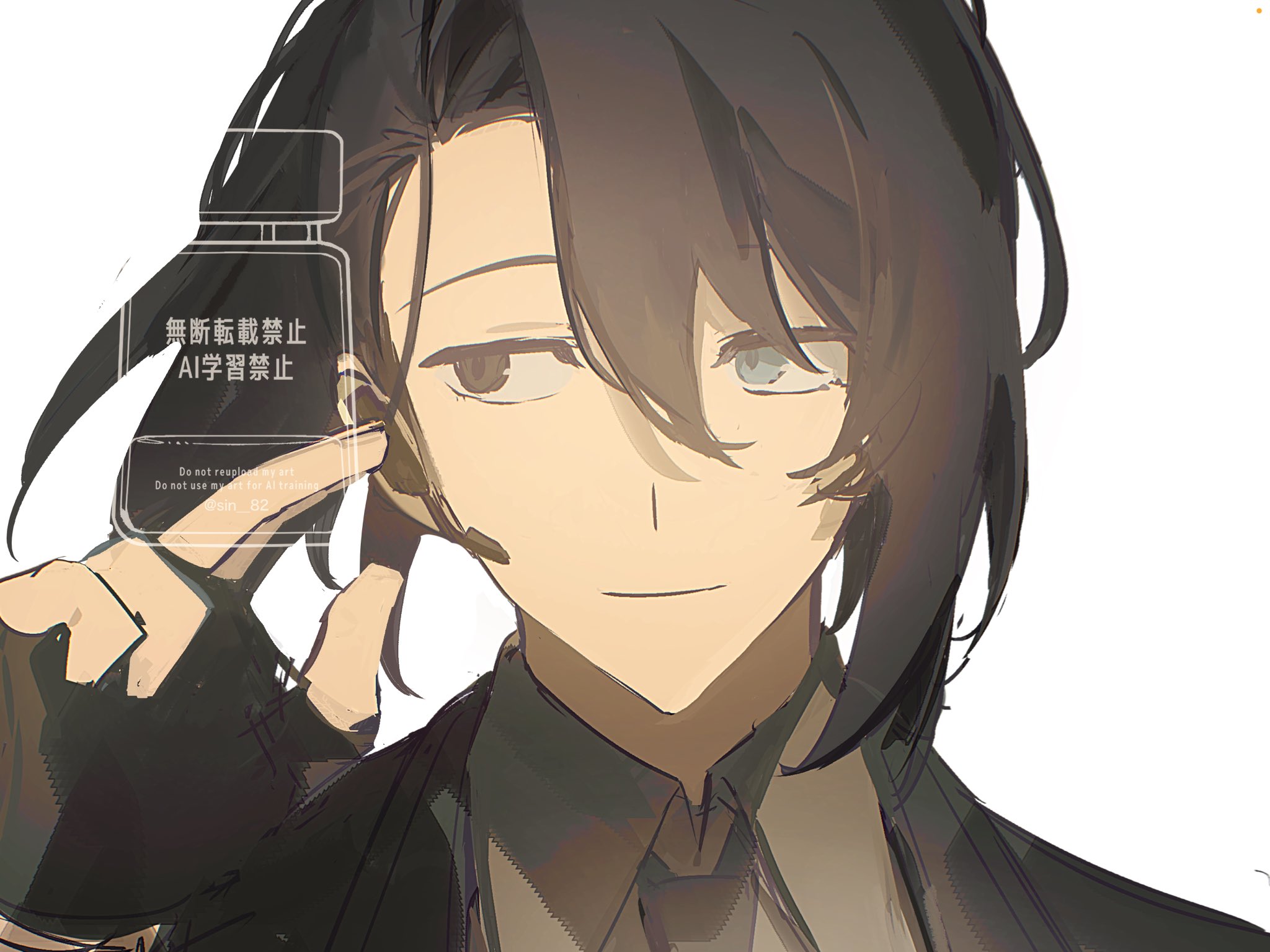 sin 82, hong lu (project moon), limbus company, project moon, commentary request, highres, translated, 1boy, adjusting headset, artist name, black eyes, black gloves, black hair, black necktie, black suit, blue eyes, collared shirt, curtained hair, english text, fingerless gloves, formal clothes, full-stop office (identity) (project moon), gloves, hair between eyes, hair over one eye, headset, heterochromia, looking to the side, male focus, medium hair, necktie, ponytail, portrait, shirt, single hair intake, smile, suit, watermask, white background, white shirt