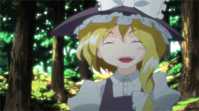 kirisame marisa, touhou, animated, animated gif, 1girl, blonde hair, female focus, forest, frills, green eyes, hat, nature, outdoors, plant, ribbon, short hair, smile, solo, touhou anime project, tree, witch, witch hat