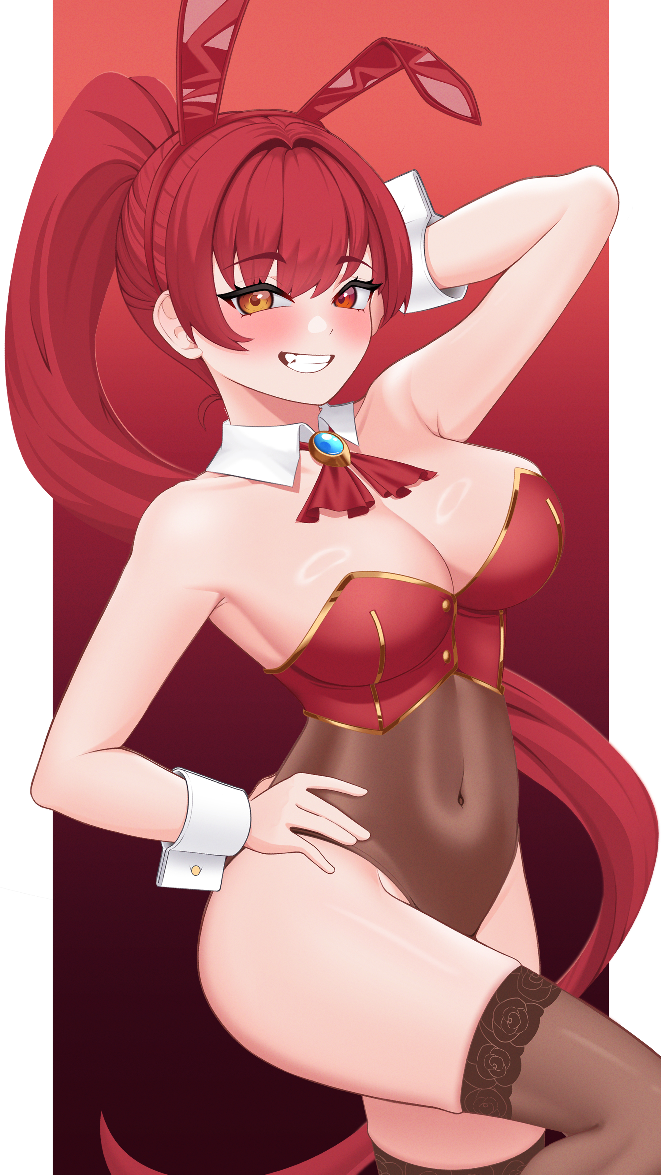 ruva, houshou marine, hololive, absurdres, highres, revision, 1girl, absurdly long hair, alternate costume, animal ear hairband, animal ears, arm up, ascot, bare shoulders, blush, breasts, brooch, brown thighhighs, covered navel, cowboy shot, fake animal ears, gold trim, grin, hairband, hand on own hip, heterochromia, high ponytail, jewelry, large breasts, leotard, long hair, looking at viewer, pillarboxed, playboy bunny, pole, ponytail, rabbit ear hairband, rabbit ears, red ascot, red eyes, red hair, smile, solo, stripper pole, thighhighs, very long hair, virtual youtuber, wrist cuffs, yellow eyes