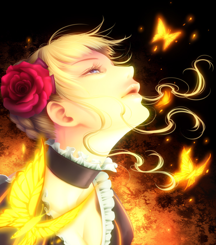 kayu, beatrice (umineko), umineko no naku koro ni, 00s, blonde hair, blue eyes, bug, butterfly, choker, flower, insect, short hair, solo