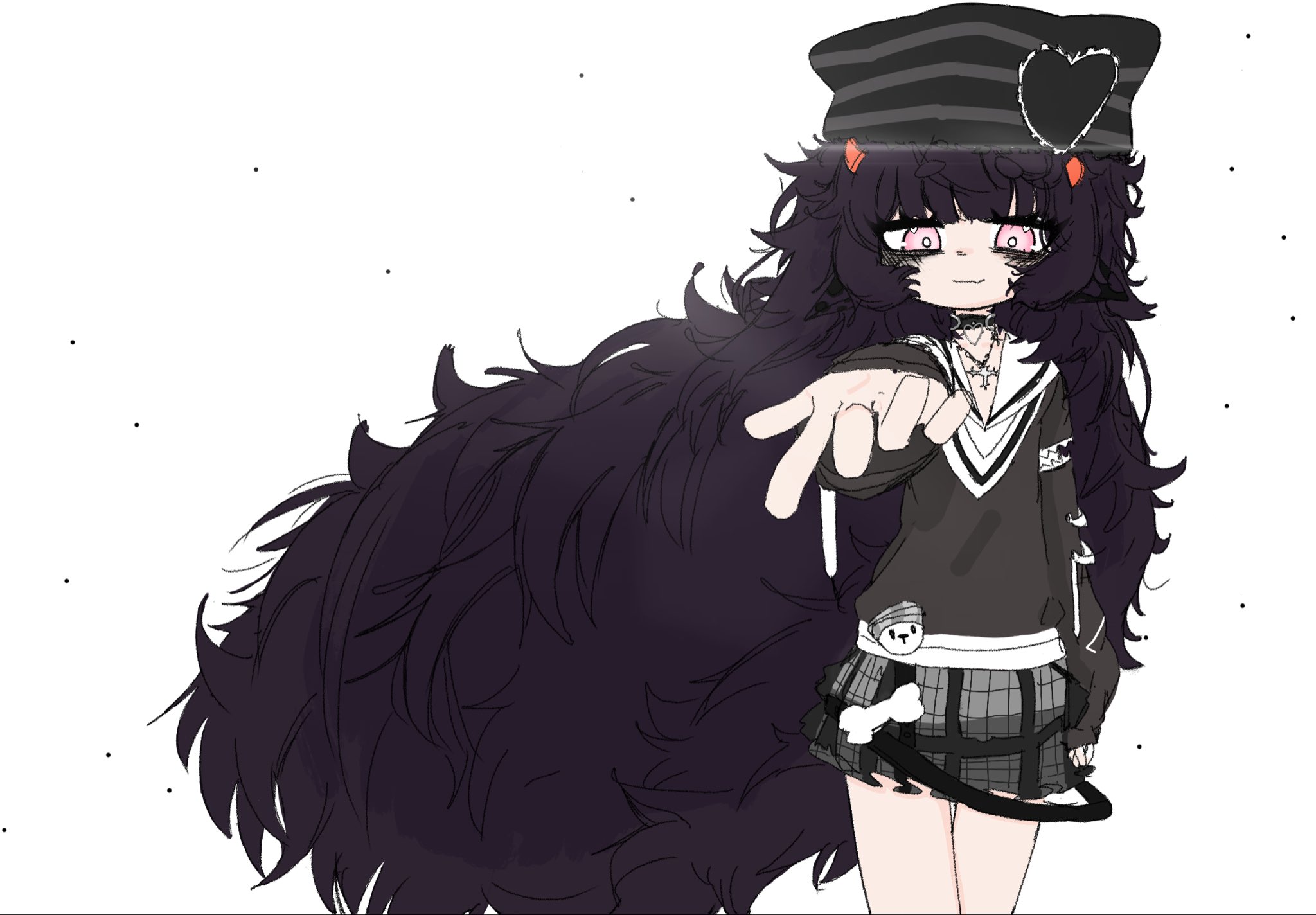 muu muyu, phase connect, 1girl, black hair, chickenrex, emo fashion, hat, horns, long hair, looking at viewer, pink eyes, plaid clothes, plaid skirt, reaching, reaching towards viewer, skirt, solo, very long hair, virtual youtuber, white background