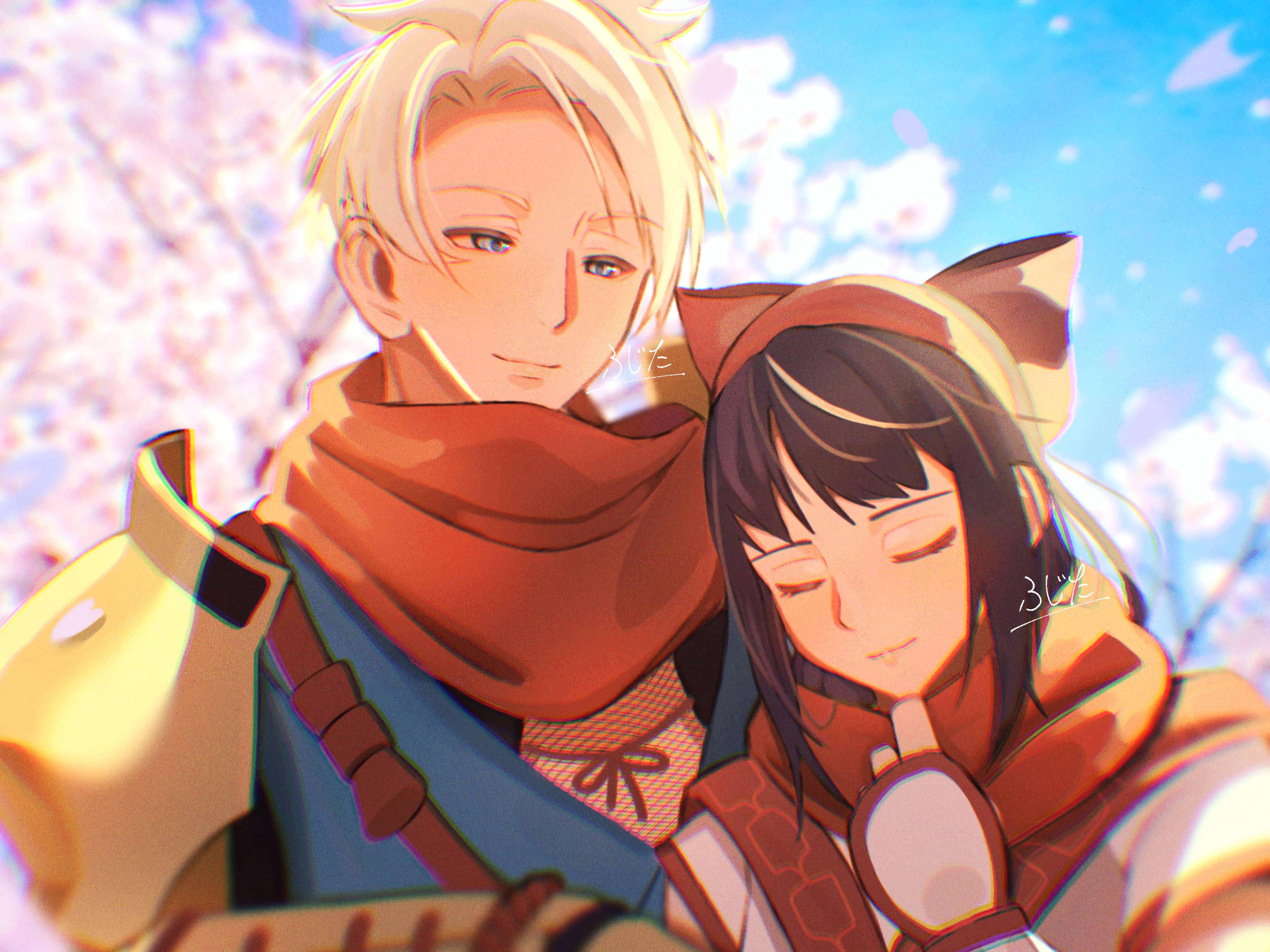 galford d weller, nakoruru, samurai spirits, snk, highres, 1girl, ainu clothes, artist name, black hair, blonde hair, blue eyes, breasts, closed eyes, fingerless gloves, gloves, hair ribbon, half-closed eyes, height difference, japanese clothes, lips, long hair, ninja, pointy hair, ribbon, scarf, small breasts, smile