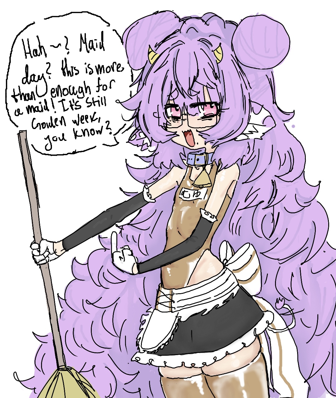 muu muyu, phase connect, 1girl, animal ears, bare shoulders, belt collar, broom, chickenrex, collar, cow ears, cow tail, detached sleeves, double bun, english text, glasses, hair bun, horns, long hair, maid, mole, neck bell, one-piece swimsuit, open mouth, pink eyes, purple hair, skindentation, skirt, solo, swimsuit, tail, thighhighs, very long hair, virtual youtuber