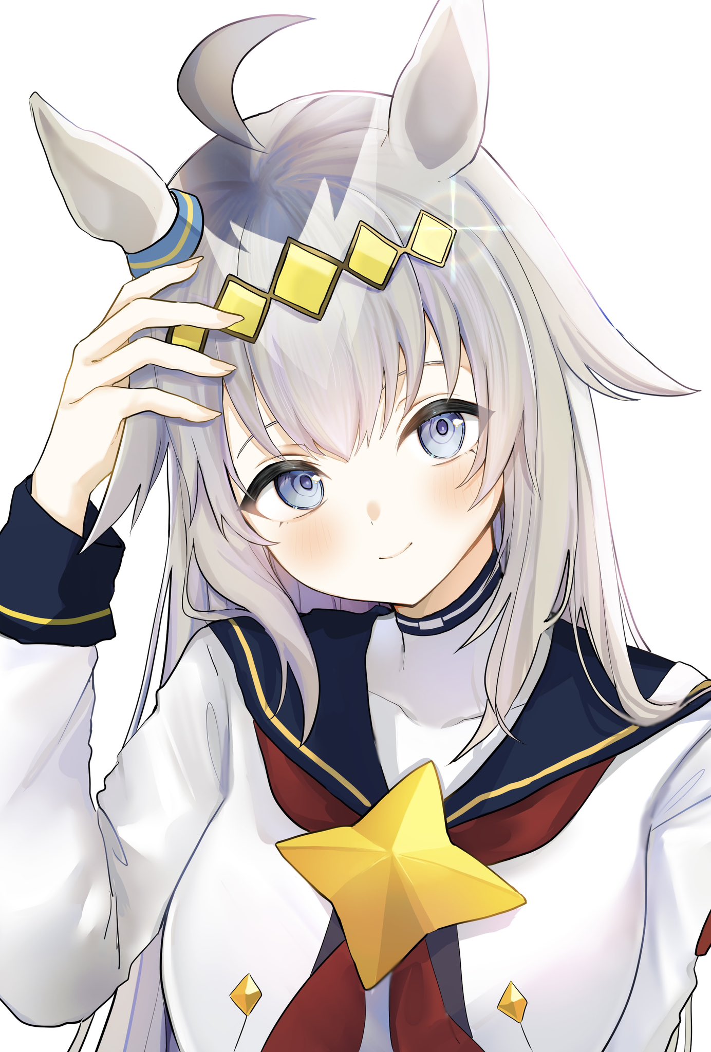 pof (peuplierpof), oguri cap (starlight beat) (umamusume), oguri cap (umamusume), umamusume, highres, 1girl, ahoge, animal ears, blue eyes, blue sailor collar, blush, breasts, brooch, closed mouth, ear ornament, grey hair, hair between eyes, hairband, horse ears, horse girl, jacket, jewelry, long hair, long sleeves, looking at viewer, neckerchief, red neckerchief, sailor collar, shirt, simple background, smile, solo, star brooch, upper body, white background, white jacket, white shirt