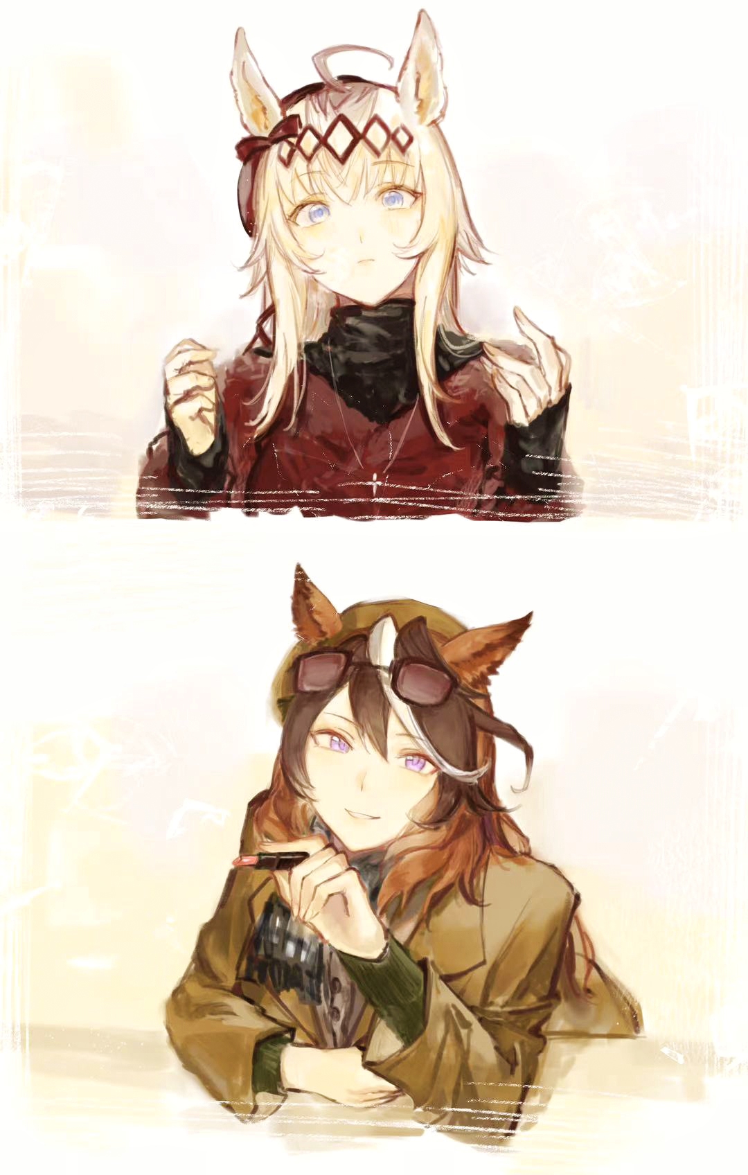 nanjiaobeiyuan, oguri cap (umamusume), symboli rudolf (umamusume), umamusume, highres, 2girls, ahoge, animal ears, black sweater, blue eyes, blush, bow, brown coat, brown hair, closed mouth, coat, ear bow, eyewear on head, grey hair, hair between eyes, hair ornament, hairband, hat, holding, horse ears, horse girl, lip balm, lipstick, long hair, long sleeves, makeup, multicolored hair, multiple girls, parted lips, purple eyes, red coat, smile, streaked hair, sweater, white hair