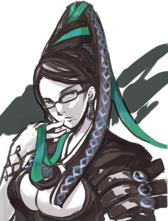 karuborara, bayonetta, bayonetta (series), black hair, earrings, glasses, hair bun, jewelry, long hair, mole, ribbon, single hair bun