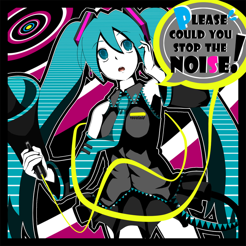 hatsune miku, vocaloid, bad id, bad pixiv id, 1girl, aqua eyes, aqua hair, detached sleeves, english text, female focus, headset, long hair, megaphone, necktie, skirt, solo, twintails