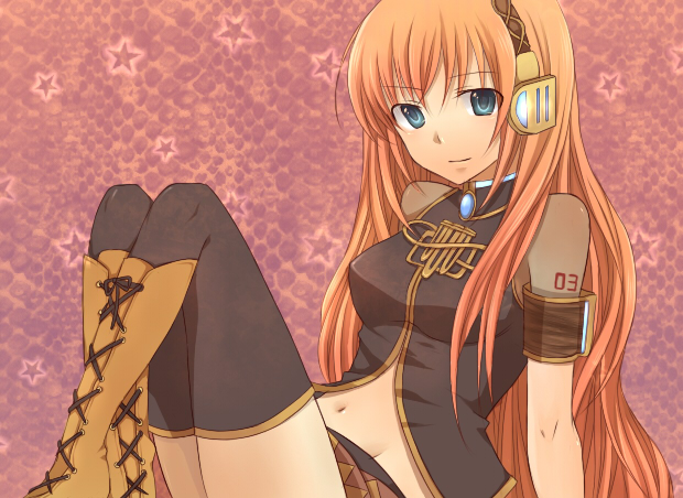 you (pixiv482568), yuu (cancer), megurine luka, vocaloid, bad id, bad pixiv id, 1girl, boots, female focus, headphones, long hair, navel, pink hair, sitting, skirt, smile, solo, thighhighs