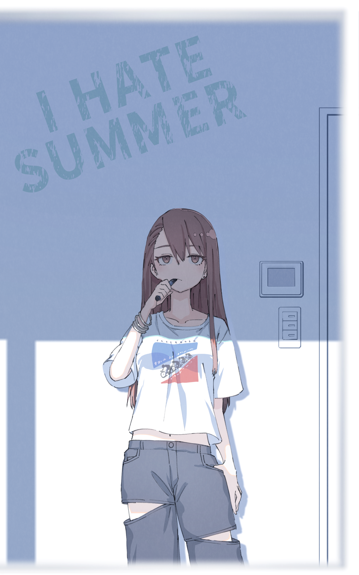 ryuga (balius), original, highres, mixed-language commentary, 1girl, asymmetrical bangs, bracelet, breasts, brown eyes, brown hair, buttons, collarbone, cowboy shot, denim, earrings, expressionless, hand in pocket, indoors, jeans, jewelry, light switch, long hair, midriff, midriff peek, navel, pants, shadow, shirt, small breasts, solo, straight hair, sunlight, t-shirt, thermostat, torn clothes, torn jeans, torn pants