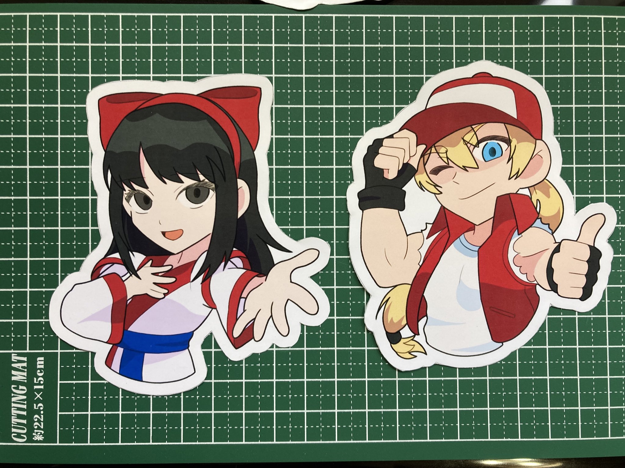 nakoruru, terry bogard, fatal fury, samurai spirits, snk, the king of fighters, highres, 1boy, 1girl, ainu clothes, arm up, baseball cap, black eyes, black hair, blonde hair, blue eyes, breasts, clenched hand, fingerless gloves, gloves, hair ribbon, hand on own chest, hat, jacket, long hair, one eye closed, open clothes, open jacket, open mouth, outstretched arm, ribbon, shirt, small breasts, smile, thumbs up, tongue, wink