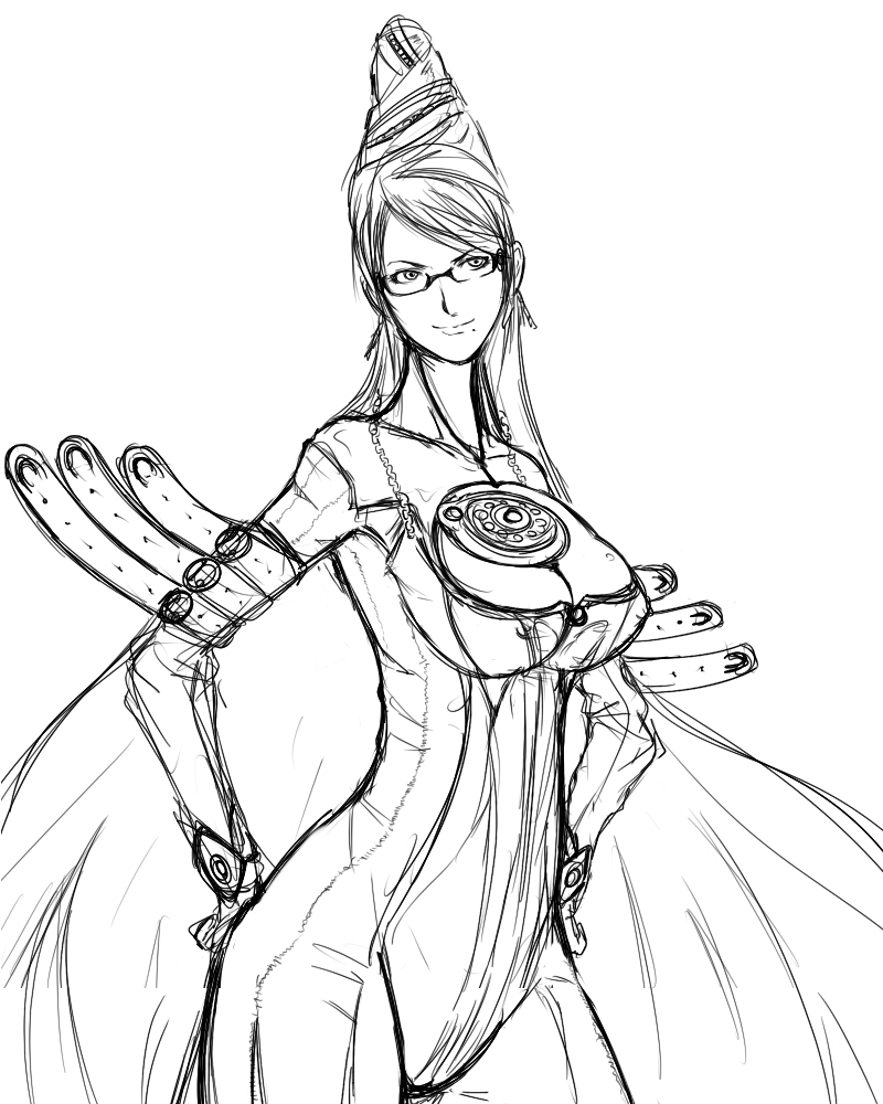 akikusa peperon, bayonetta, bayonetta (series), bad id, bad pixiv id, glasses, hair bun, long hair, mole, single hair bun, sketch
