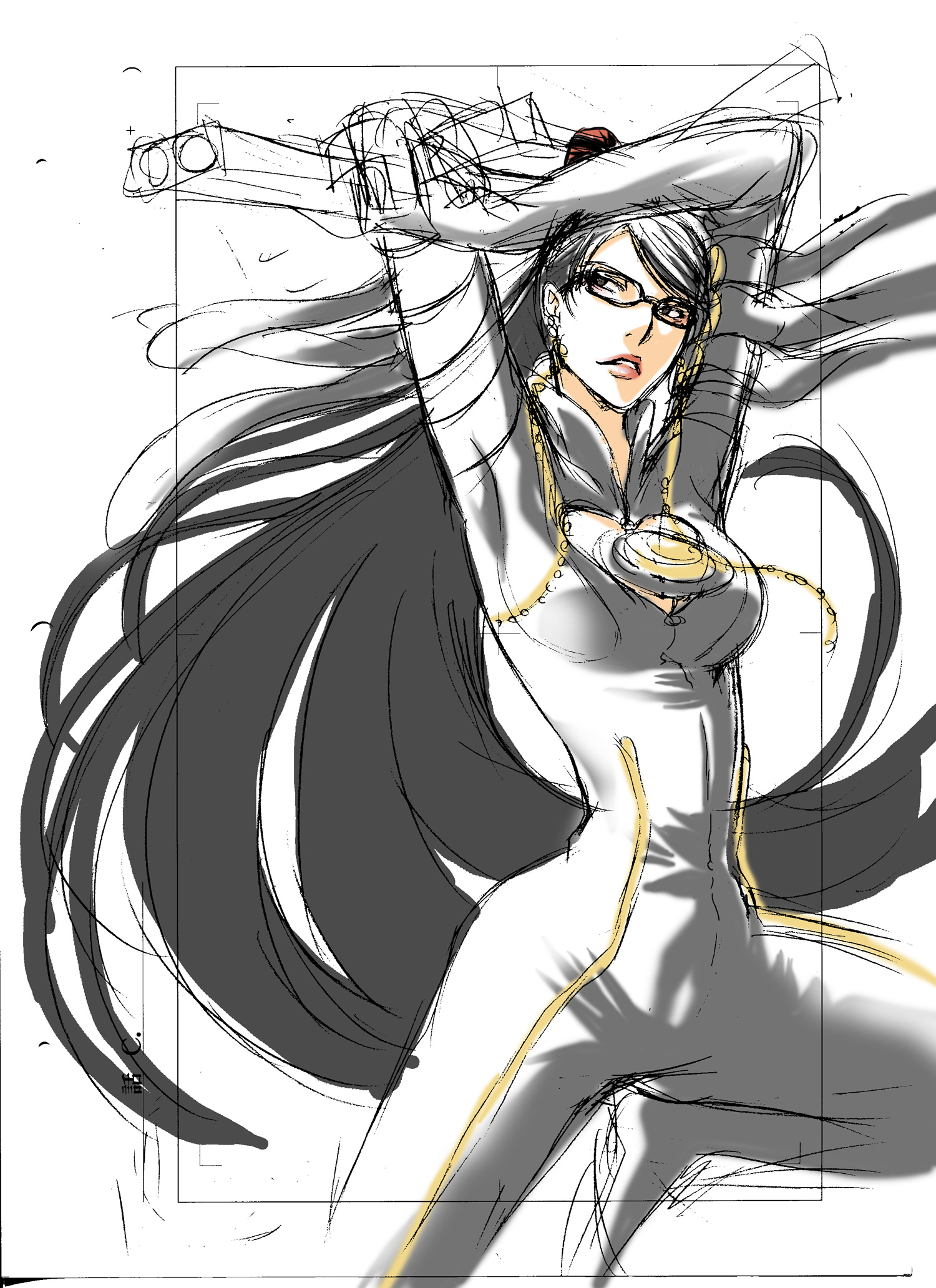 iminashi, bayonetta, bayonetta (series), highres, black hair, brown eyes, glasses, gun, long hair, sketch, very long hair, weapon