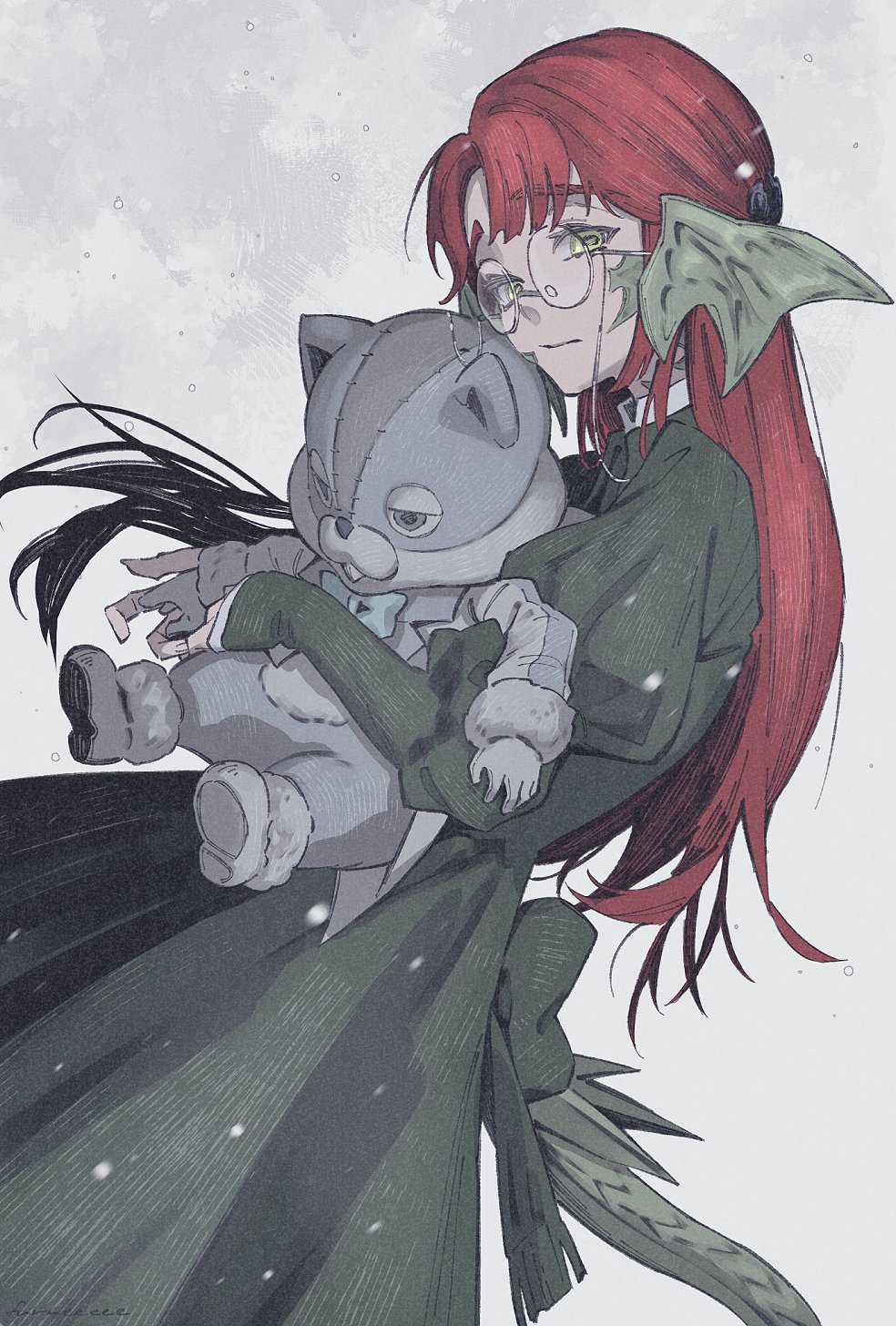 furue (kkrfurue), final fantasy, final fantasy xiv, highres, spoilers, au ra, calyx (ff14), dragon girl, dragon horns, dragon tail, dress, eyewear strap, glasses, green dress, green eyes, halmarut (ff14), horns, long hair, looking at viewer, red hair, round eyewear, scales, stuffed animal, stuffed toy, tail