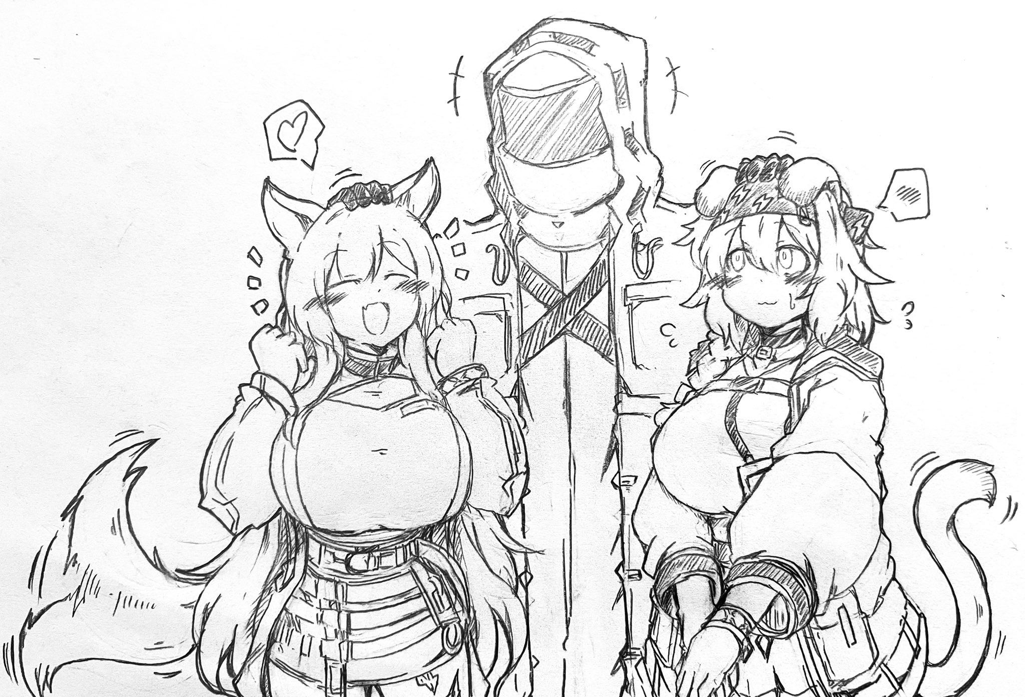 oni tengu, arknights, commentary, graphite (medium), highres, traditional media, 1other, 2girls, alternate breast size (larger), animal ears, blush, breasts, cat ears, cat girl, cat tail, closed eyes, dog ears, dog girl, double headpat, eyebrows hidden by hair, flying sweatdrops, gloves, hatching (texture), heart, hood, hood up, hooded jacket, huge breasts, jacket, linear hatching, looking at another, mask, monochrome, multiple girls, own hands together, smile, speech bubble, spoken blush, spoken heart, sweatdrop, tail, white background