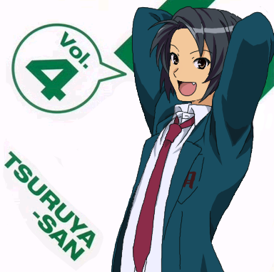 tsuruya-senpai, suzumiya haruhi no yuuutsu, gender request, lowres, 00s, 1boy, album cover, arms up, black hair, blazer, brown eyes, character single, cover, fang, genderswap, jacket, male focus, necktie, school uniform, short hair, solo