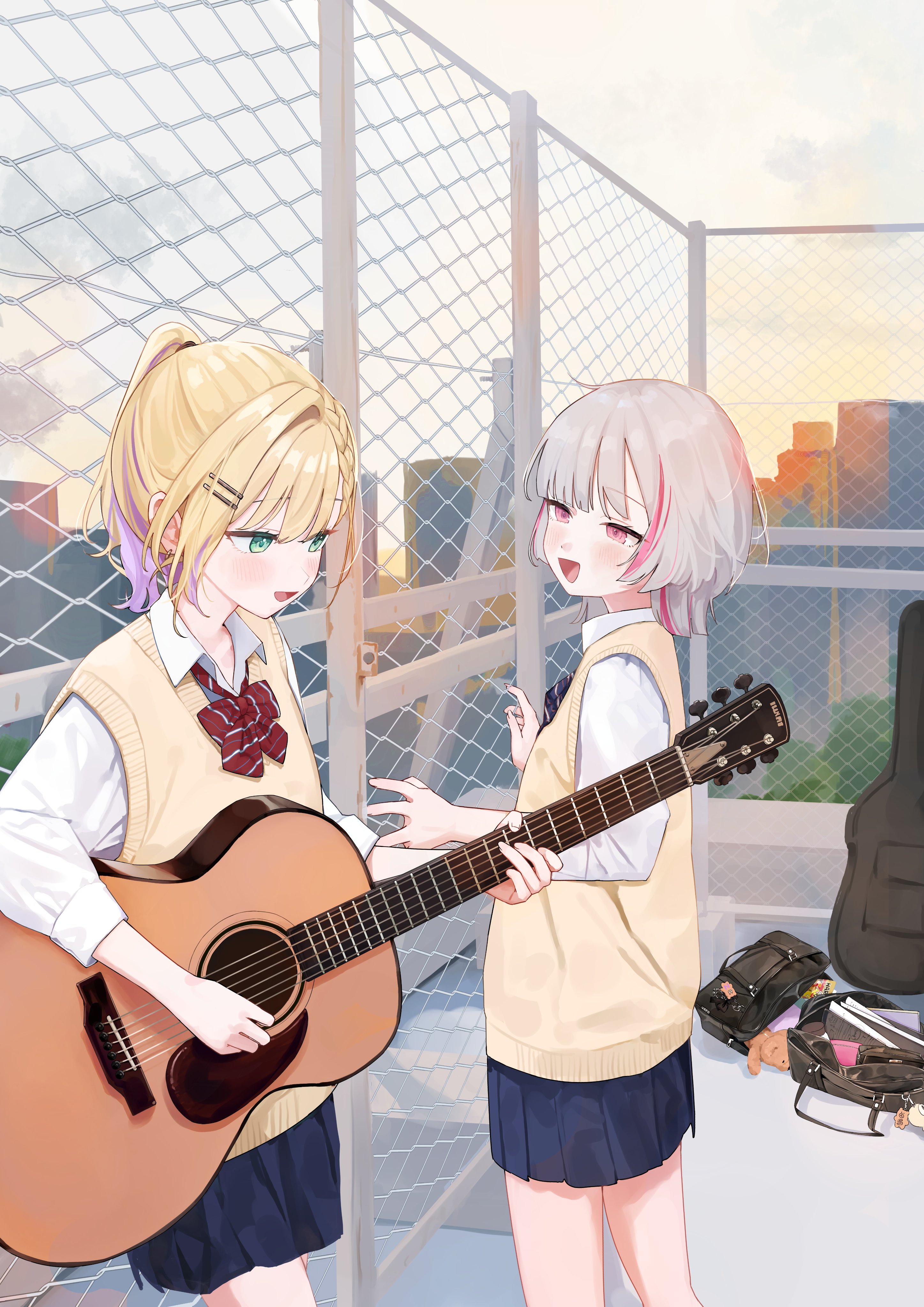 hanada ten, asumi sena, kurumi noah, vspo!, absurdres, check commentary, commentary request, highres, 2girls, acoustic guitar, alternate costume, bag, blonde hair, blue bow, blue bowtie, blue skirt, bow, bowtie, braid, building, chain-link fence, cowboy shot, earrings, fence, green eyes, grey hair, guitar, guitar case, hair intakes, hair ornament, hairpin, holding, holding guitar, holding instrument, instrument, instrument case, jewelry, looking at another, medium hair, multicolored hair, multiple girls, on rooftop, open mouth, paper, parted bangs, pink eyes, pleated skirt, ponytail, red bow, red bowtie, school bag, school uniform, shirt, short ponytail, skirt, streaked hair, stuffed toy, sunset, vest, virtual youtuber, white shirt, wolf cut, yellow vest